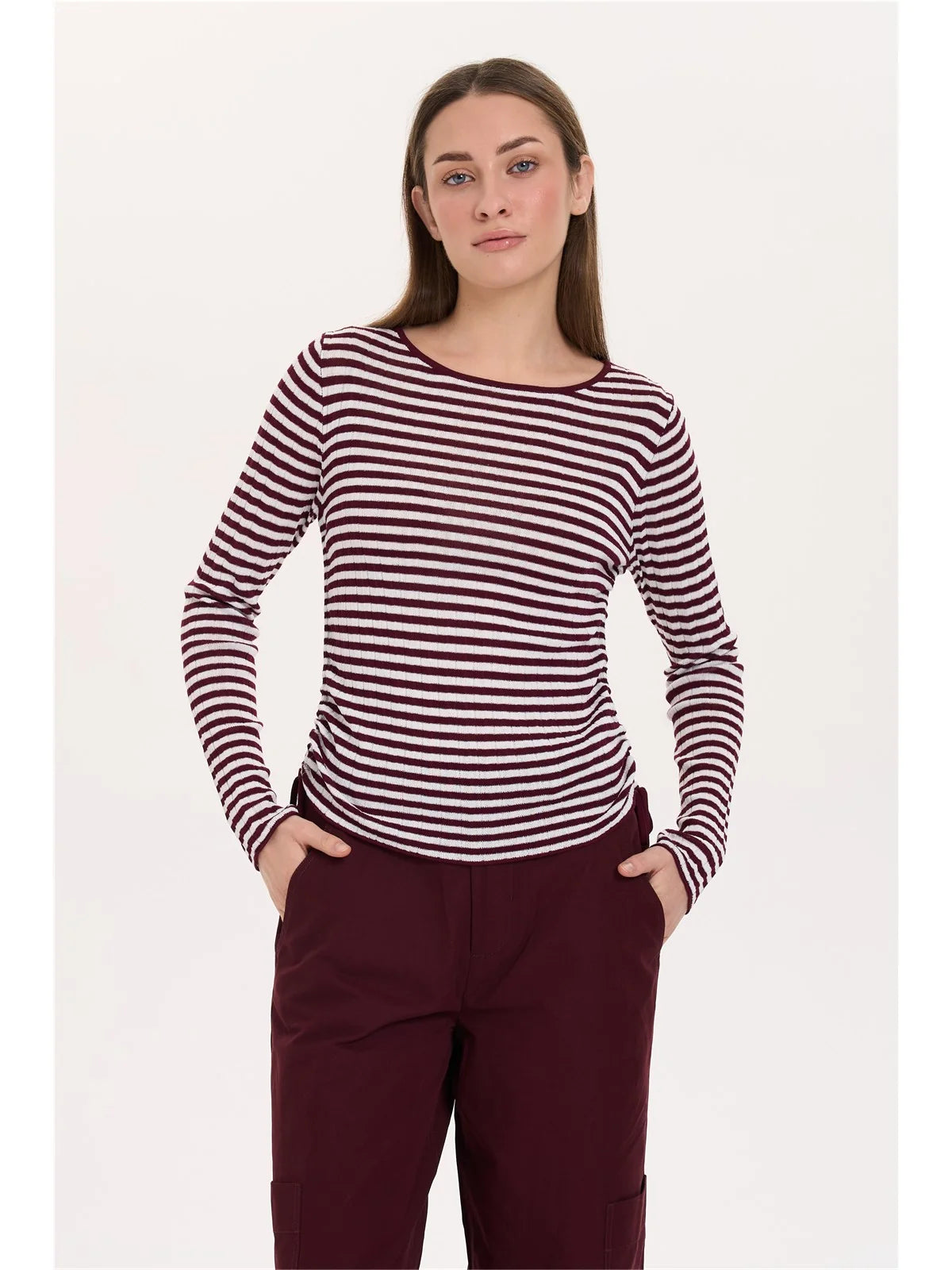 TIFFY STRIPED PULLOVER - BORDEAUX/ECRU