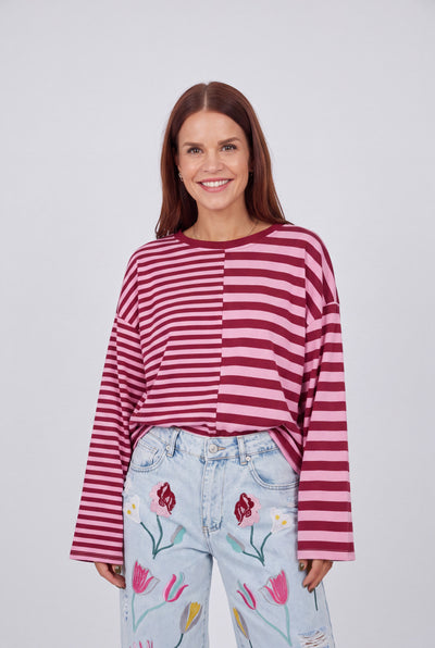 FRANKIE LS STRIPED SHIRT - BORDEAUX/PINK