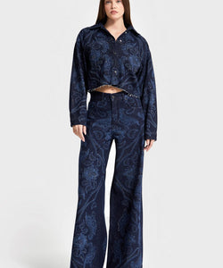 RHINESTONE PRINTED PALAZZO JEANS - DARK BLUE