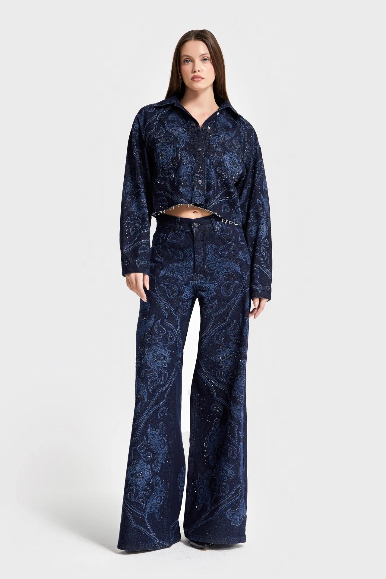 RHINESTONE PRINTED PALAZZO JEANS - DARK BLUE