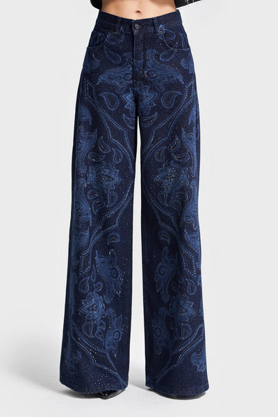 RHINESTONE PRINTED PALAZZO JEANS - DARK BLUE