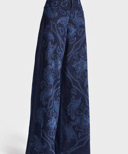 RHINESTONE PRINTED PALAZZO JEANS - DARK BLUE