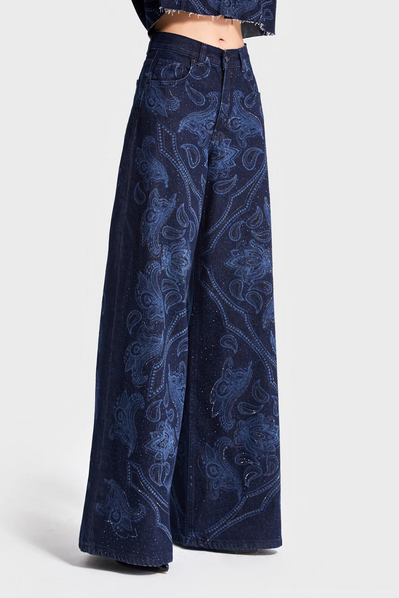 RHINESTONE PRINTED PALAZZO JEANS - DARK BLUE