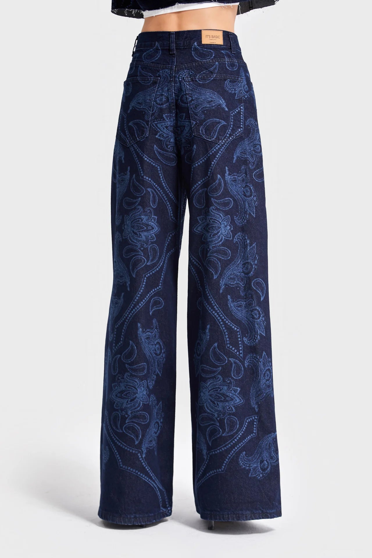 RHINESTONE PRINTED PALAZZO JEANS - DARK BLUE