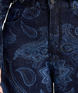 RHINESTONE PRINTED PALAZZO JEANS - DARK BLUE