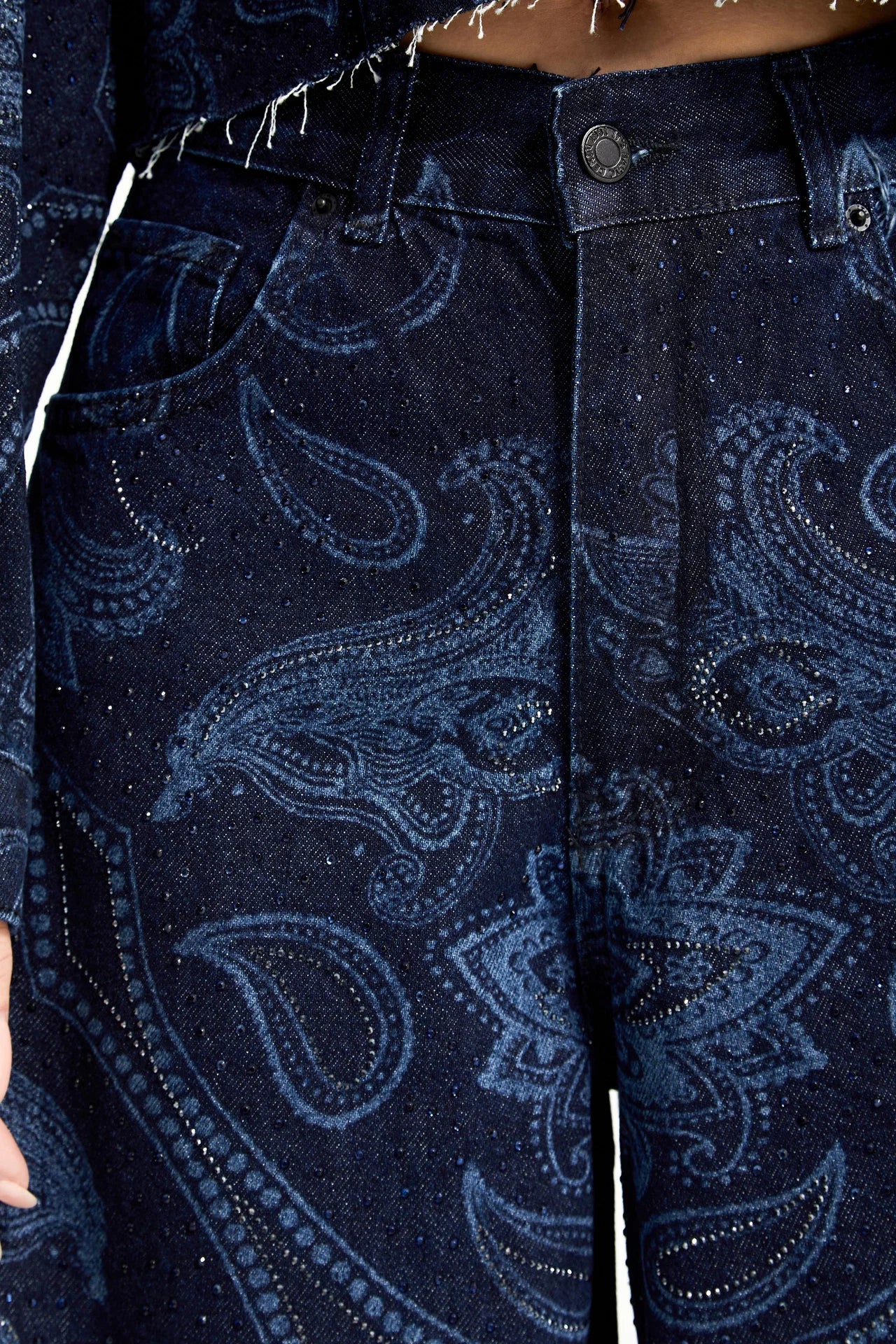 RHINESTONE PRINTED PALAZZO JEANS - DARK BLUE
