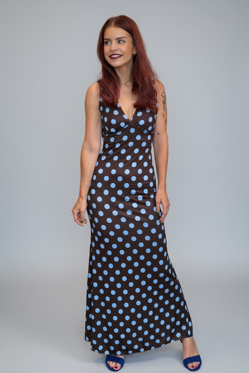 NINA POLKA DOT DRESS - BROWN / BLUE