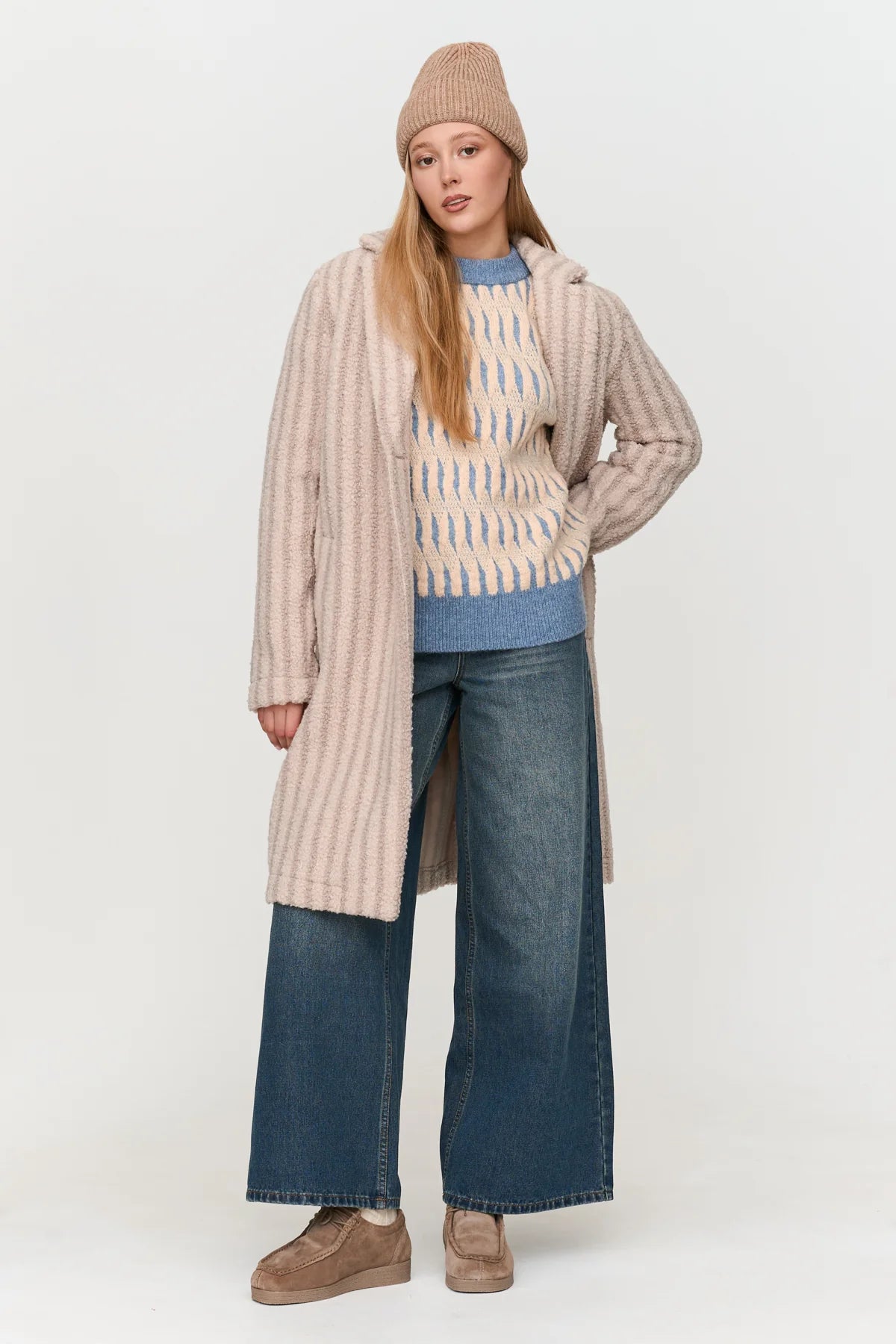 LONG STRIPED TEDDY COAT - BEIGE