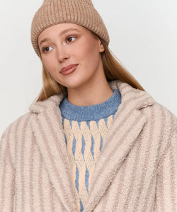 LONG STRIPED TEDDY COAT - BEIGE