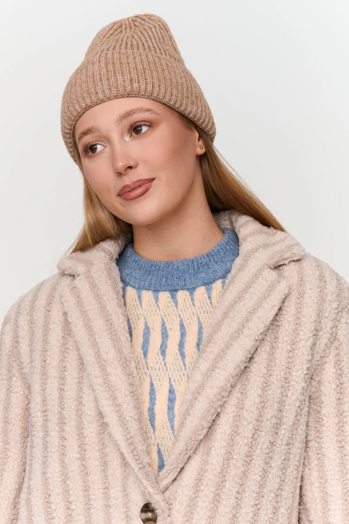 LONG STRIPED TEDDY COAT - BEIGE