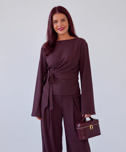 ALY PINSTRIPED BOW SHIRT - BORDEAUX