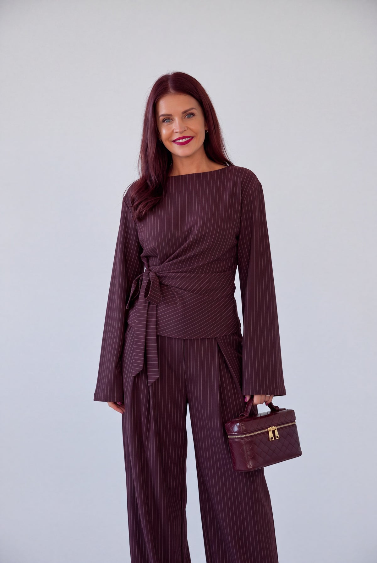 ALY PINSTRIPED BOW SHIRT - BORDEAUX