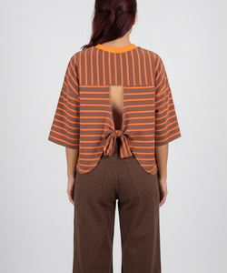 LULU STRIPED BOW TEE - ORANGE/BROWN