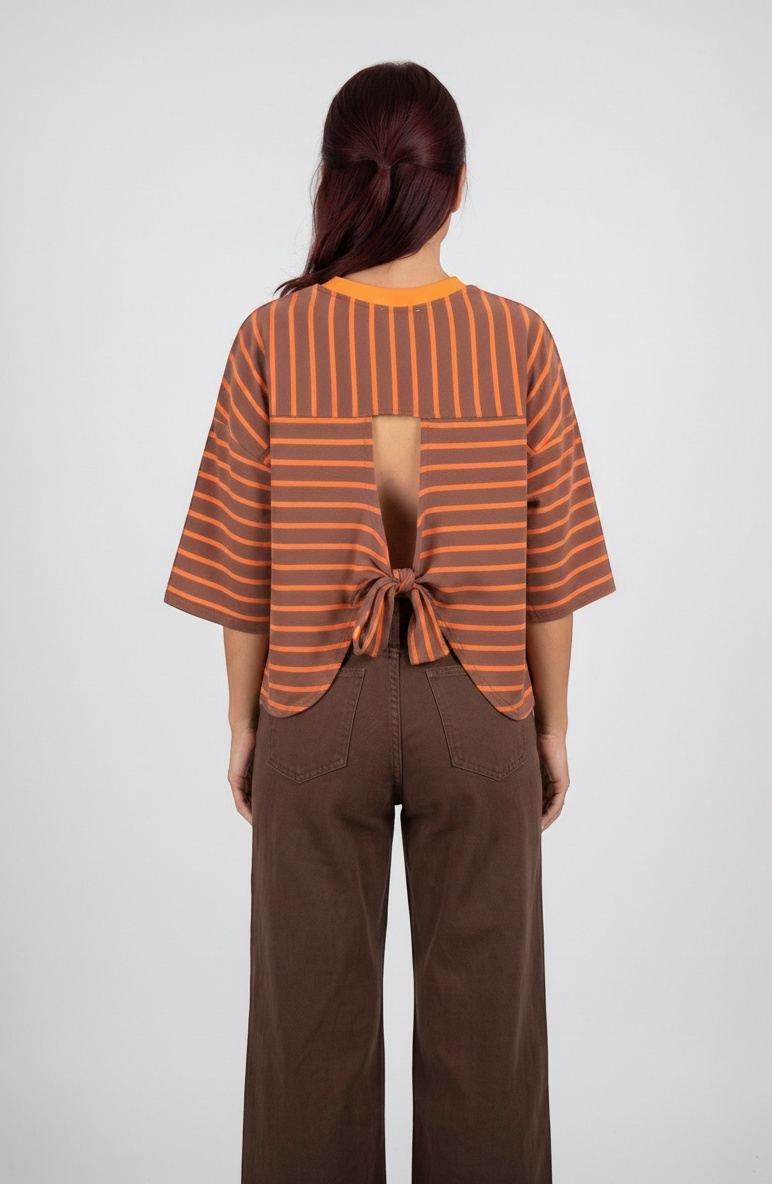 LULU STRIPED BOW TEE - ORANGE/BROWN