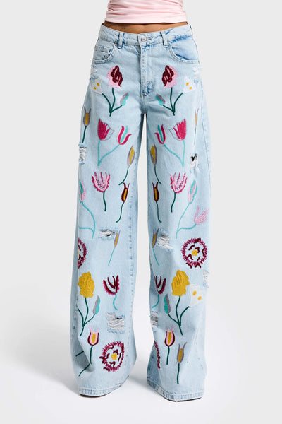 EMBROIDERY PALAZZO JEANS - WILDFLOWER BLUE