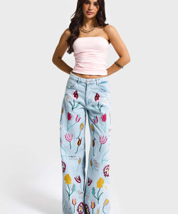 EMBROIDERY PALAZZO JEANS - WILDFLOWER BLUE