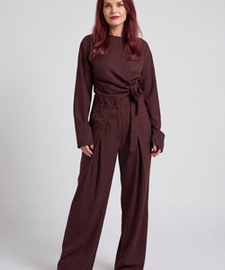 ALY PINSTRIPED BOW SHIRT - BORDEAUX