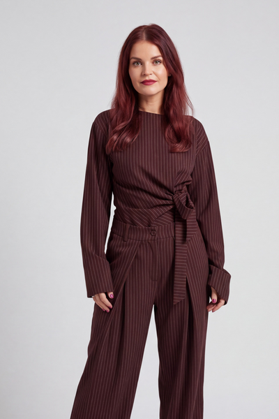 ALY PINSTRIPED BOW SHIRT - BORDEAUX
