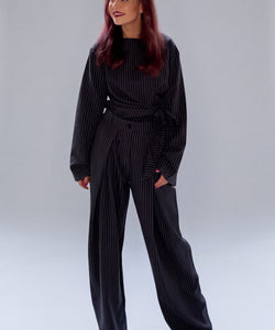 ALY PINSTRIPED BOW SHIRT - NAVY