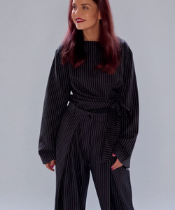 ALY PINSTRIPED BOW SHIRT - NAVY