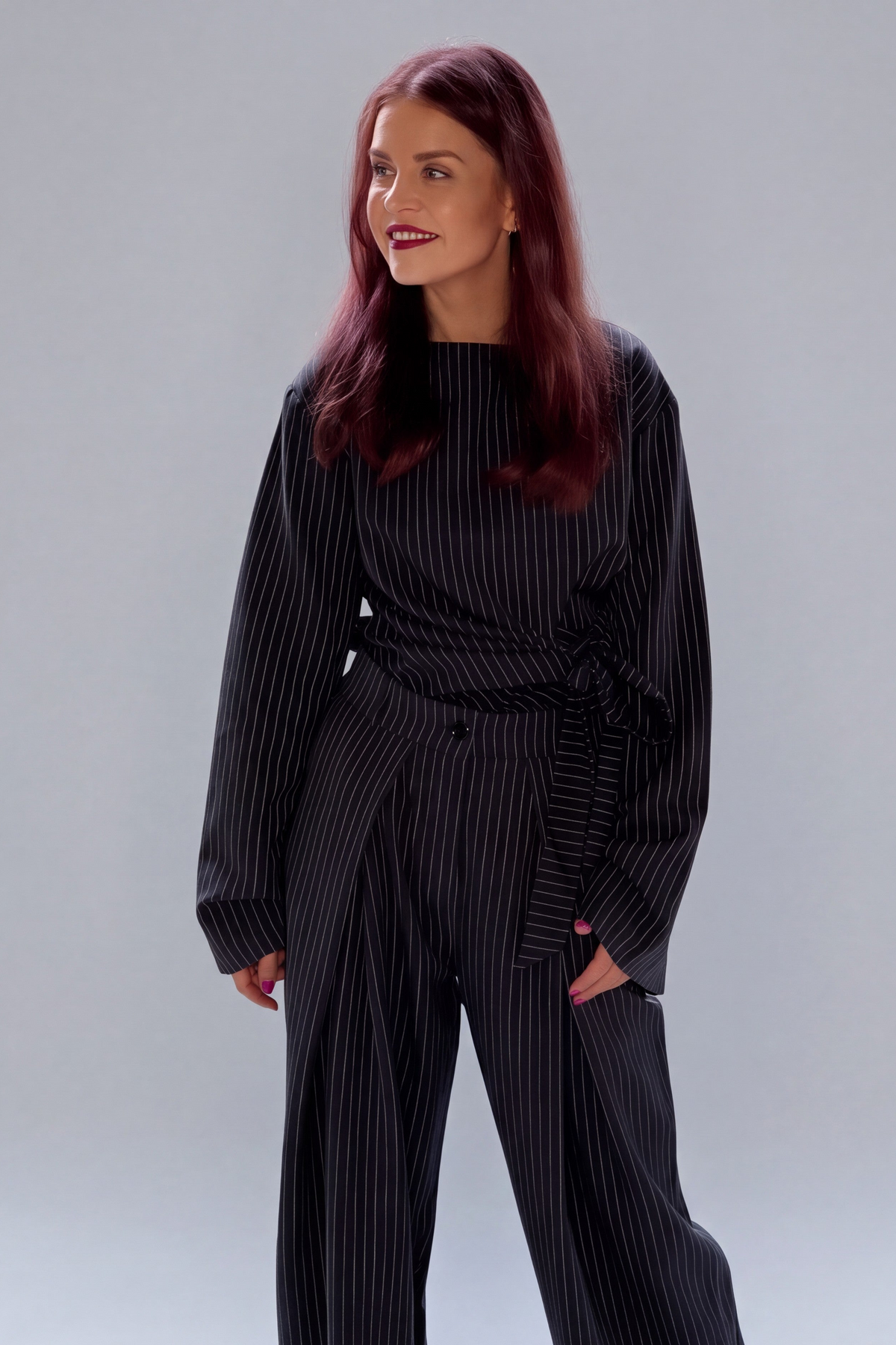ALY PINSTRIPED BOW SHIRT - NAVY