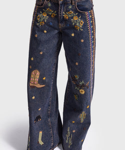 EMBROIDERY PALAZZO JEANS - WESTERN PRINT