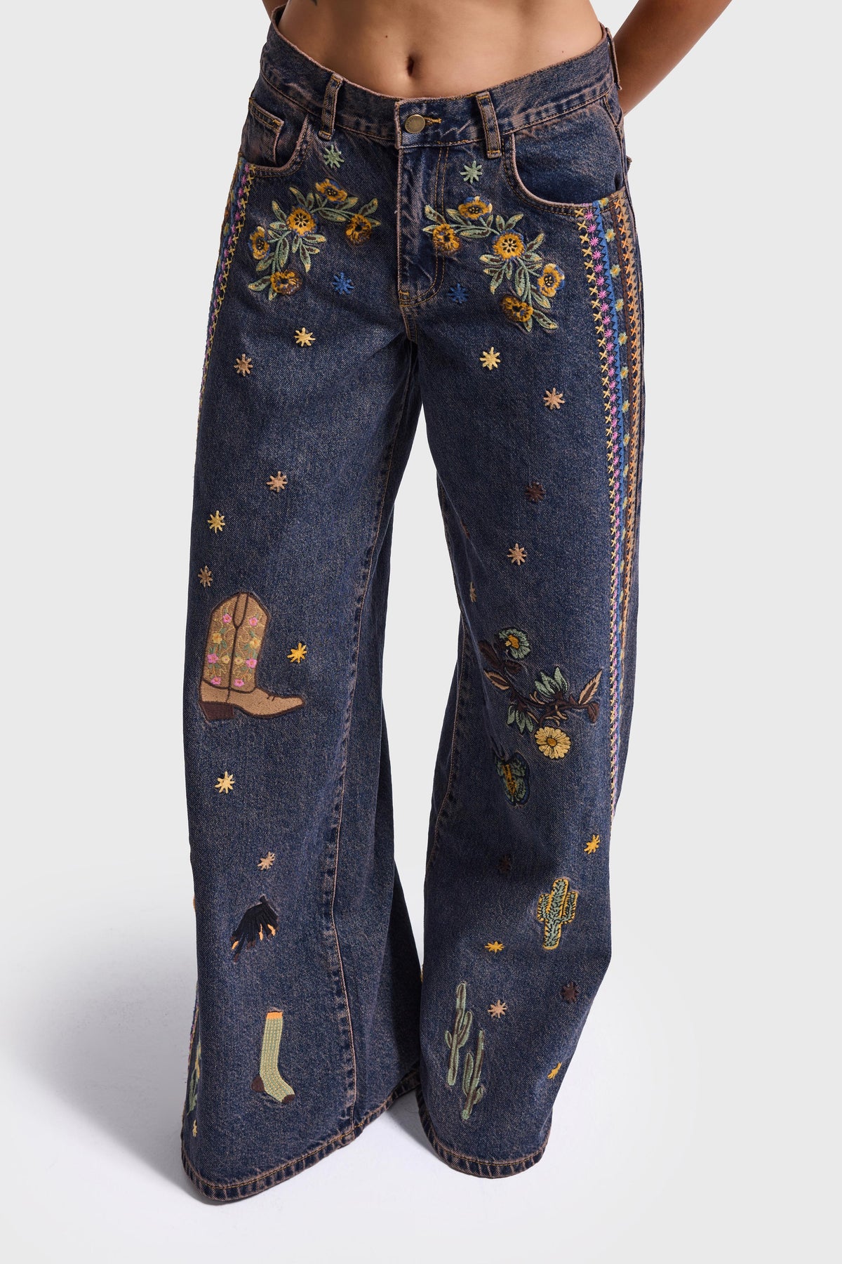 EMBROIDERY PALAZZO JEANS - WESTERN PRINT