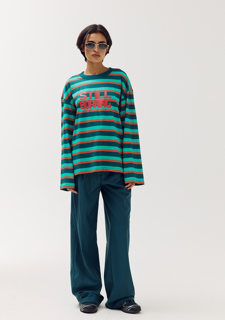 HARPER & YVE | STILL BURNING T-SHIRT - DEEP TEAL STRIPE