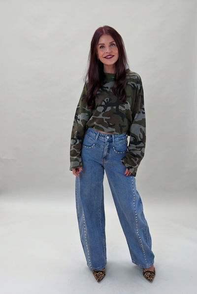 KIKI STUDDED BARREL JEANS - BLUE