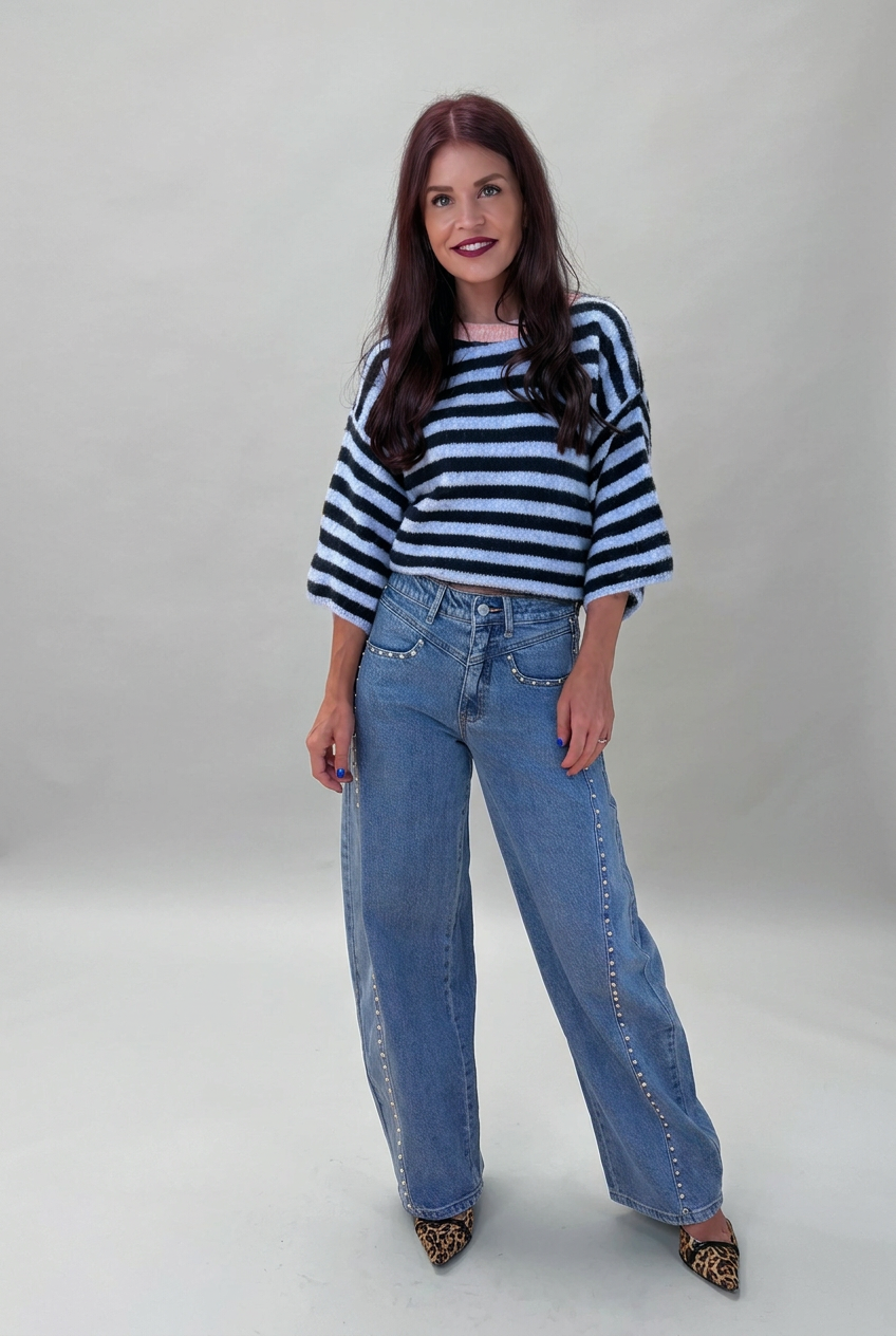 KIKI STUDDED BARREL JEANS - BLUE