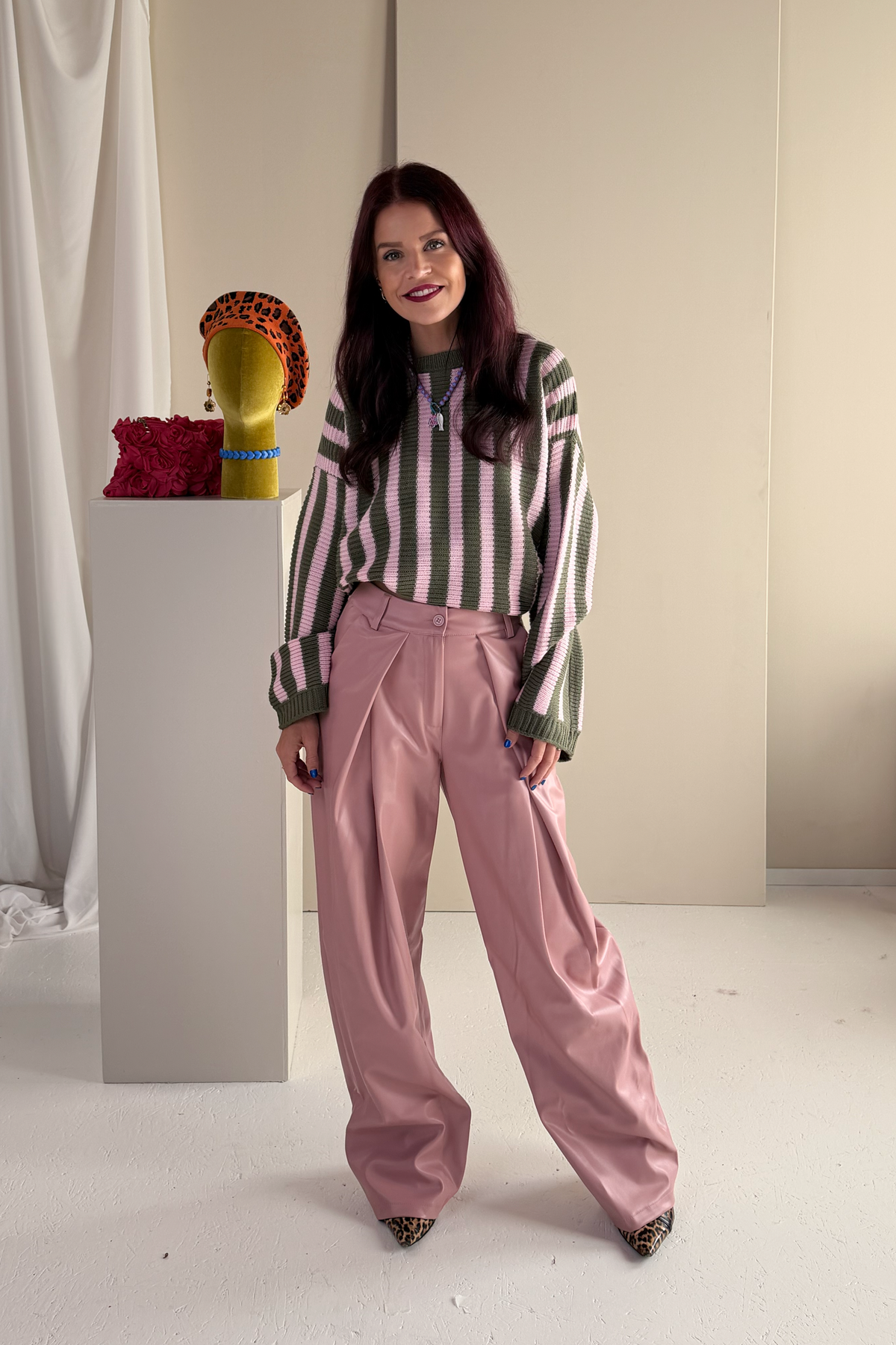 LIME STRIPED PULLOVER - PINK/OLIVE GREEN