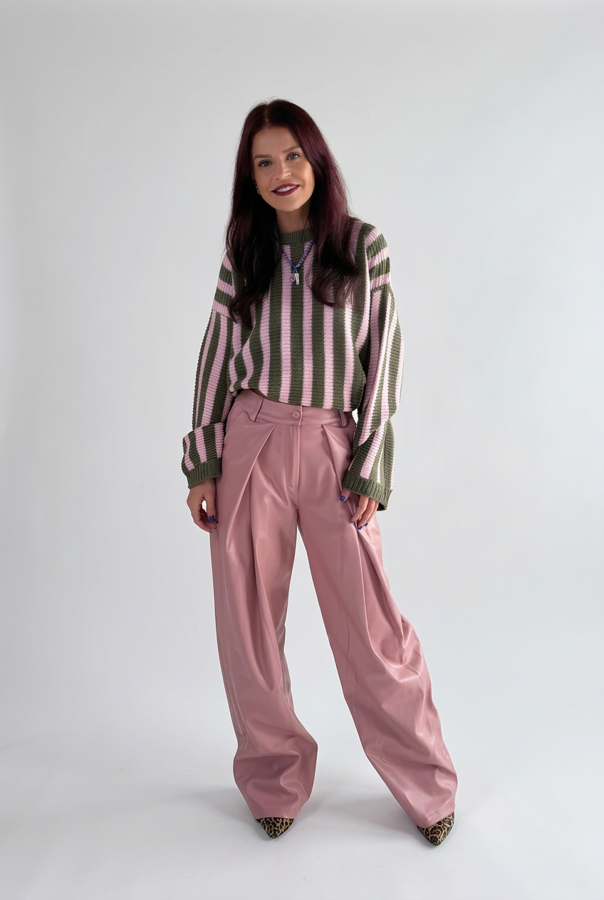 LIME STRIPED PULLOVER - PINK/OLIVE GREEN