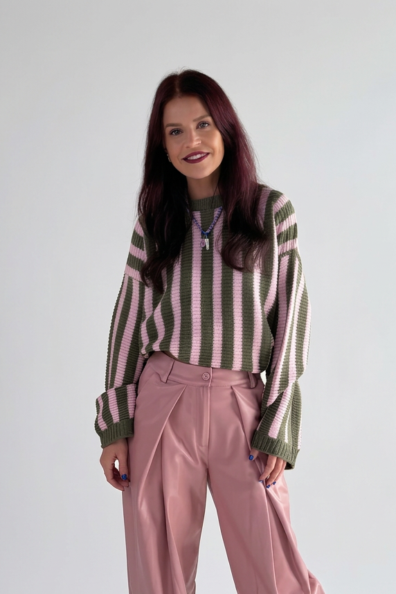 LIME STRIPED PULLOVER - PINK/OLIVE GREEN