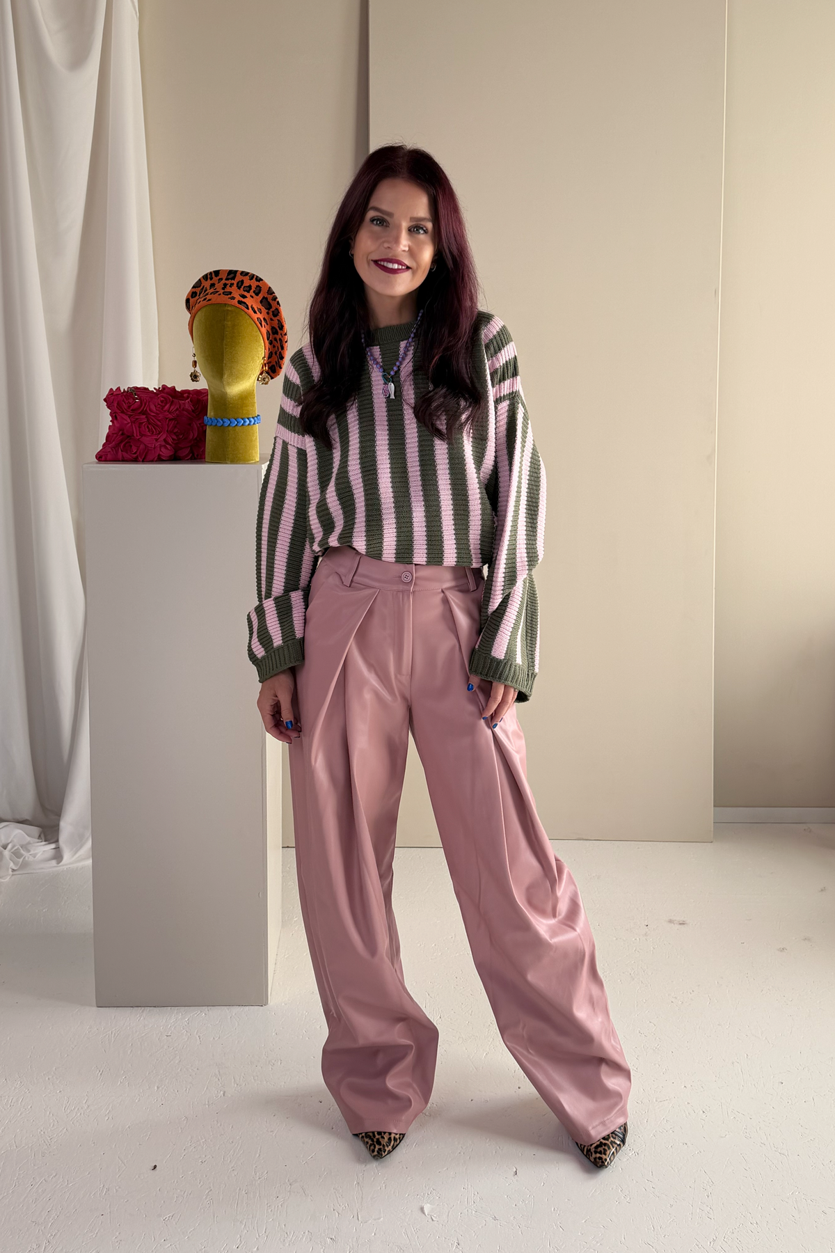 LIME STRIPED PULLOVER - PINK/OLIVE GREEN