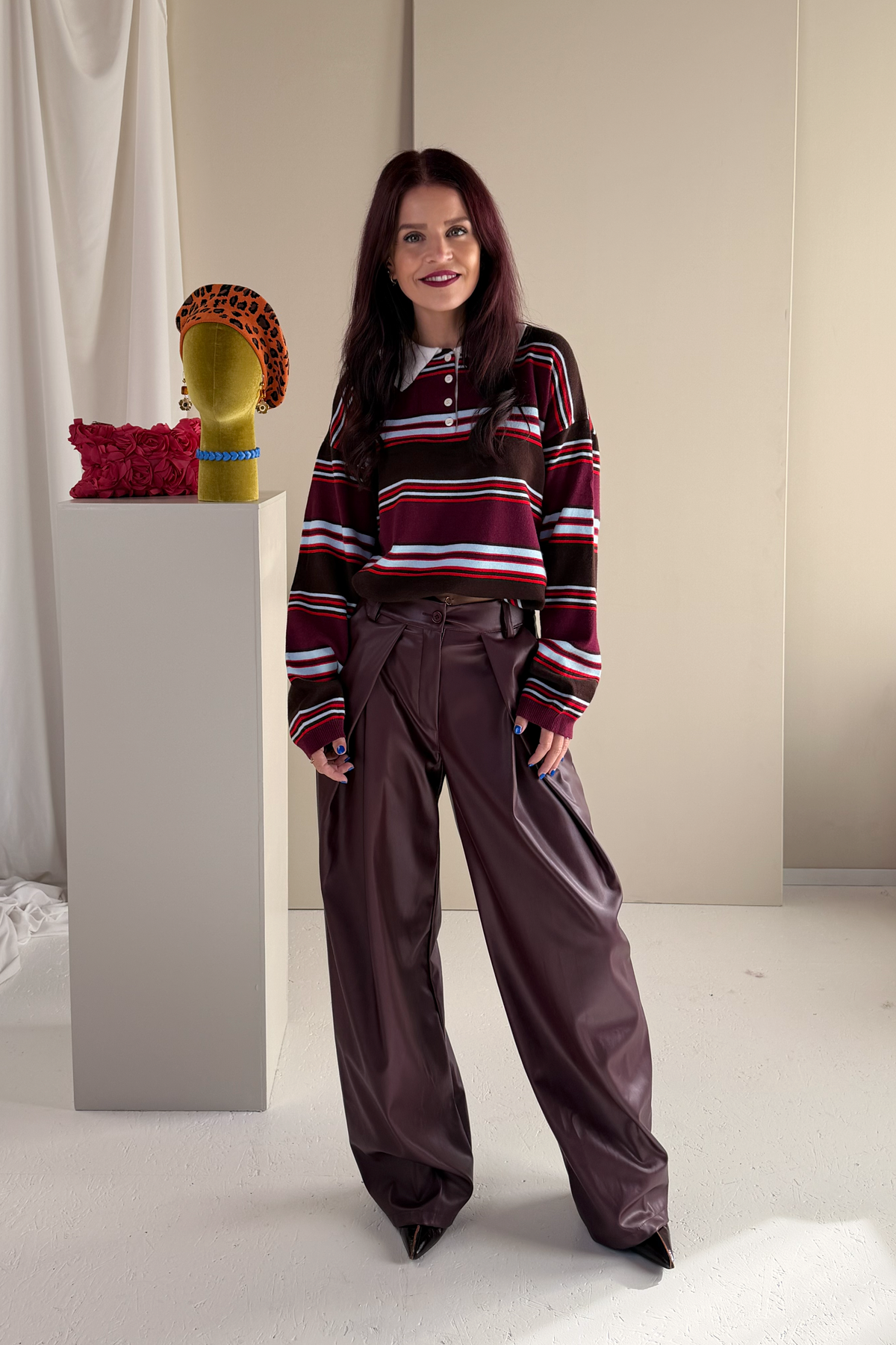 BOBBIE STRIPED POLO - BORDEAUX/BROWN