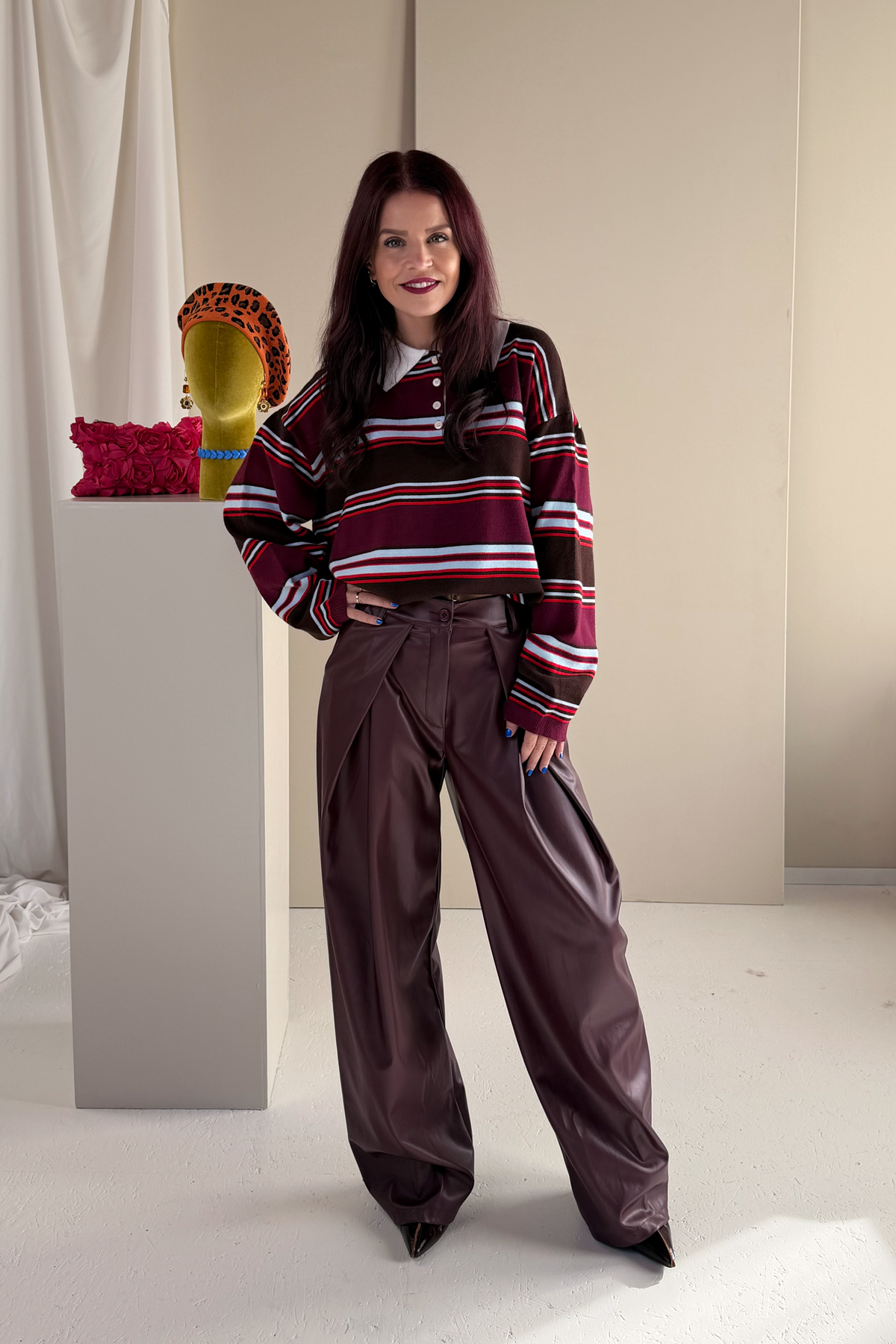 BOBBIE STRIPED POLO - BORDEAUX/BROWN