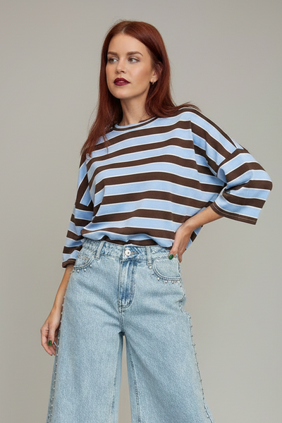 RAVI STRIPED BOW TEE - BROWN/BLUE