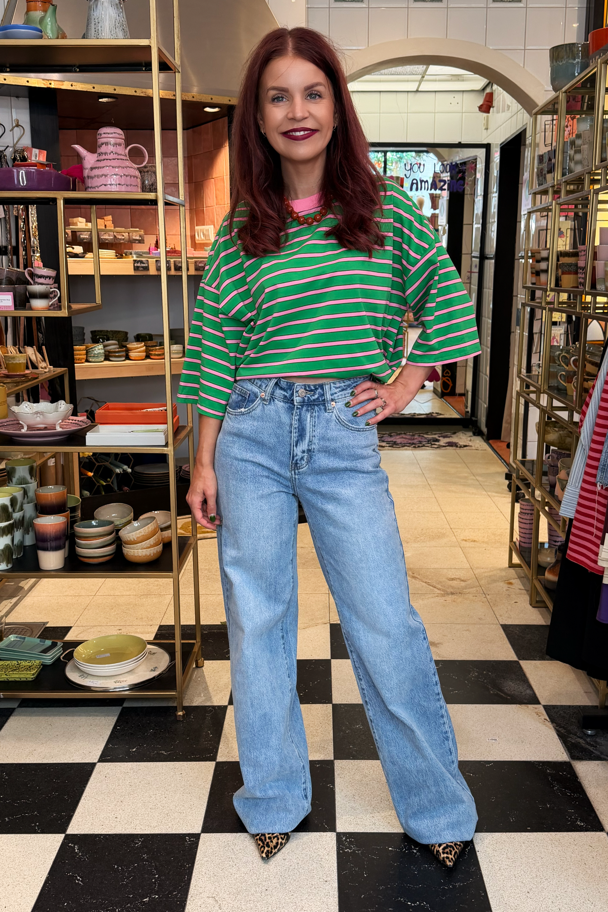 LULU STRIPED BOW TEE - GREEN/PINK