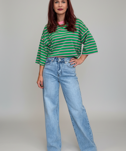 LULU STRIPED BOW TEE - GREEN/PINK