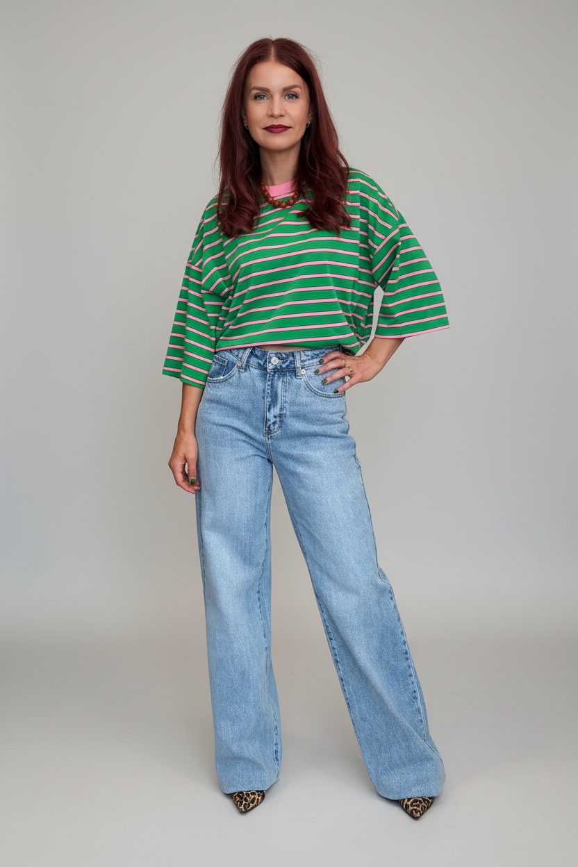 LULU STRIPED BOW TEE - GREEN/PINK