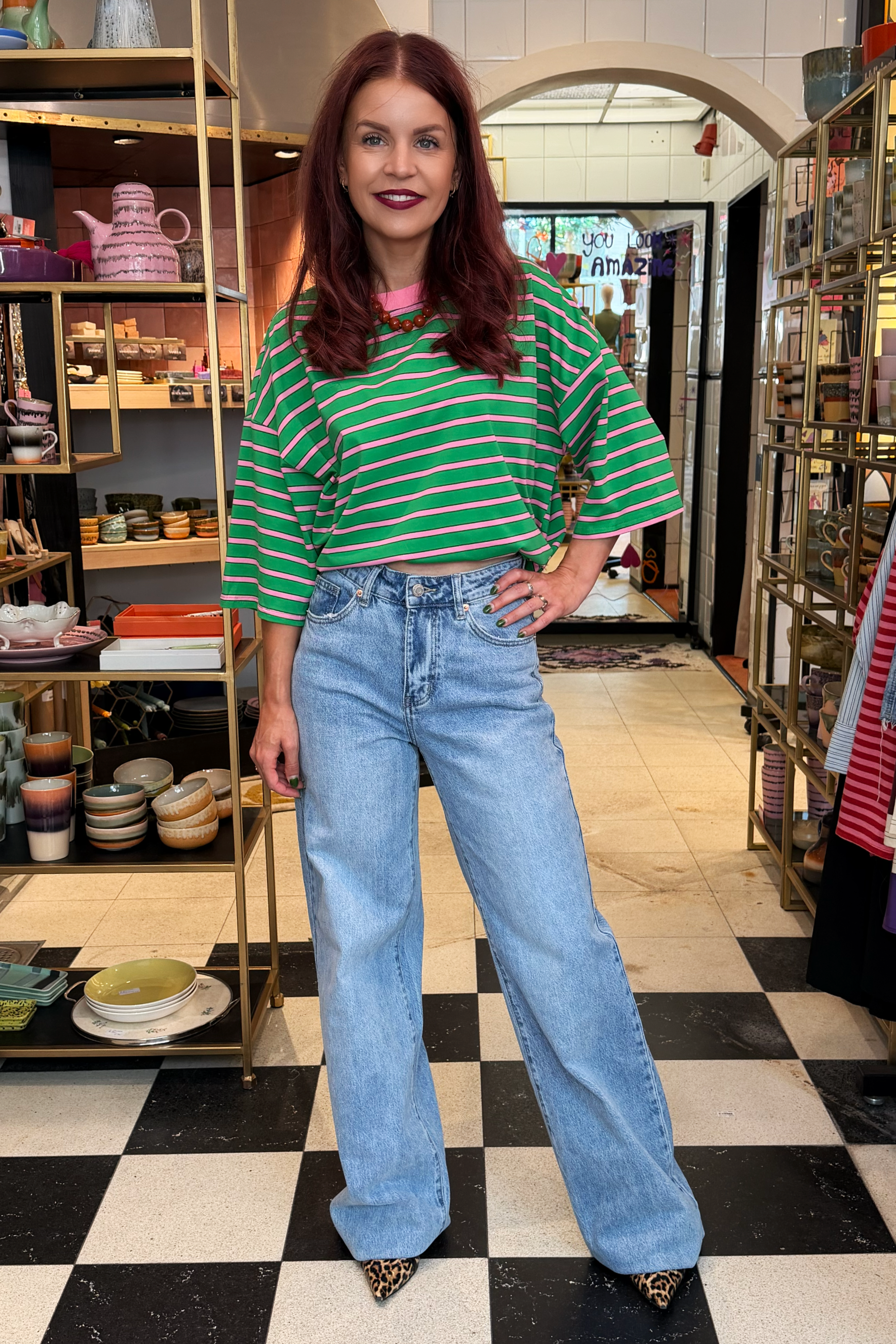 LULU STRIPED BOW TEE - GREEN/PINK