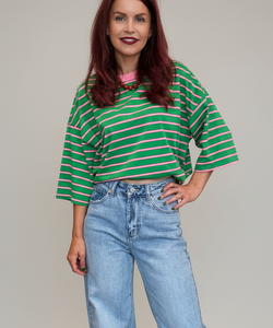 LULU STRIPED BOW TEE - GREEN/PINK