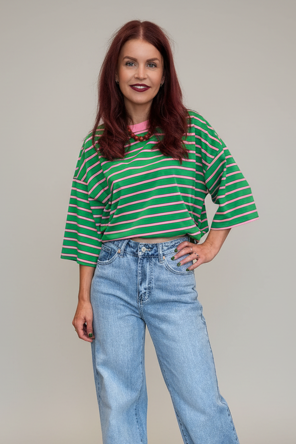 LULU STRIPED BOW TEE - GREEN/PINK