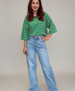LULU STRIPED BOW TEE - GREEN/PINK