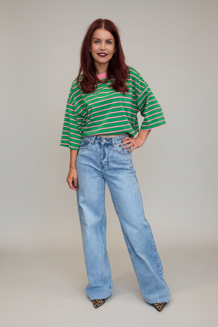 LULU STRIPED BOW TEE - GREEN/PINK