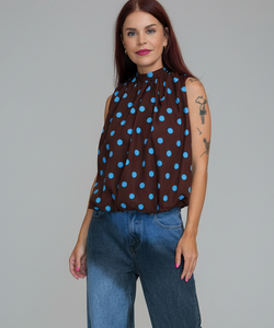 NONA POLKA DOT TOP - BROWN/BLUE