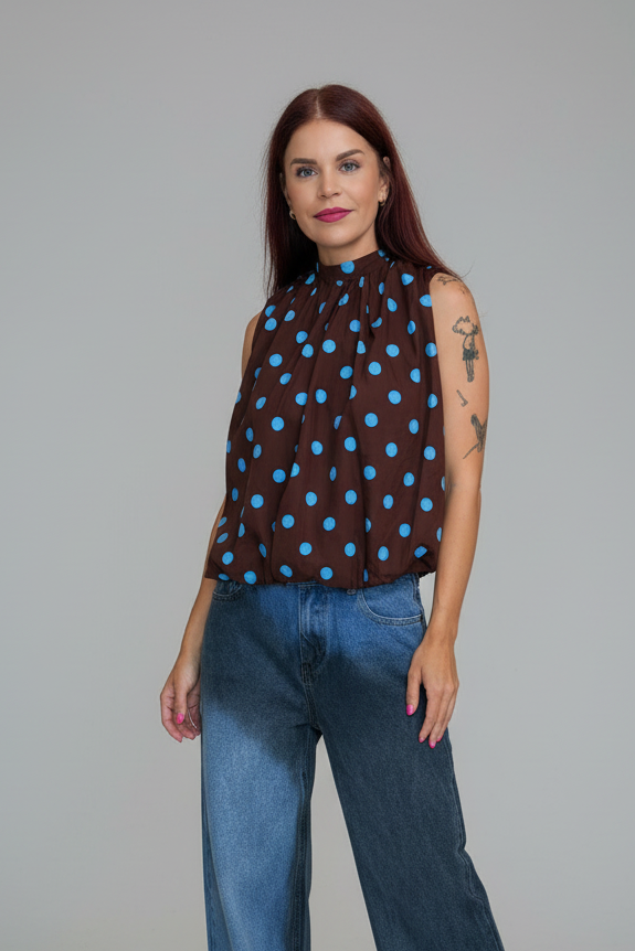 NONA POLKA DOT TOP - BROWN/BLUE