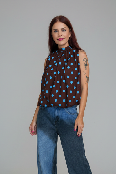 NONA POLKA DOT TOP - BROWN/BLUE