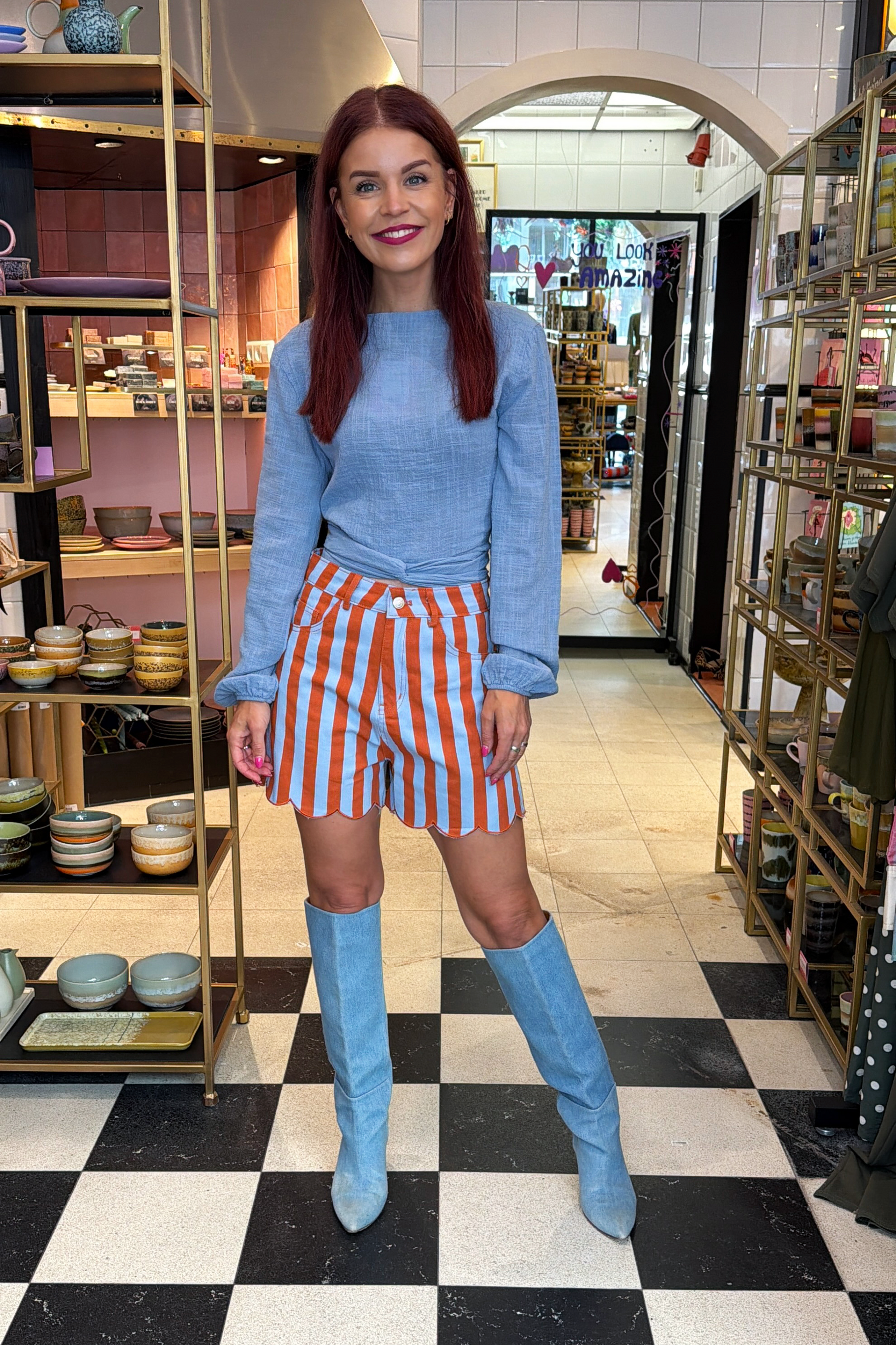 DAKOTA STRIPED DENIM SHORTS - TERRACOTTA