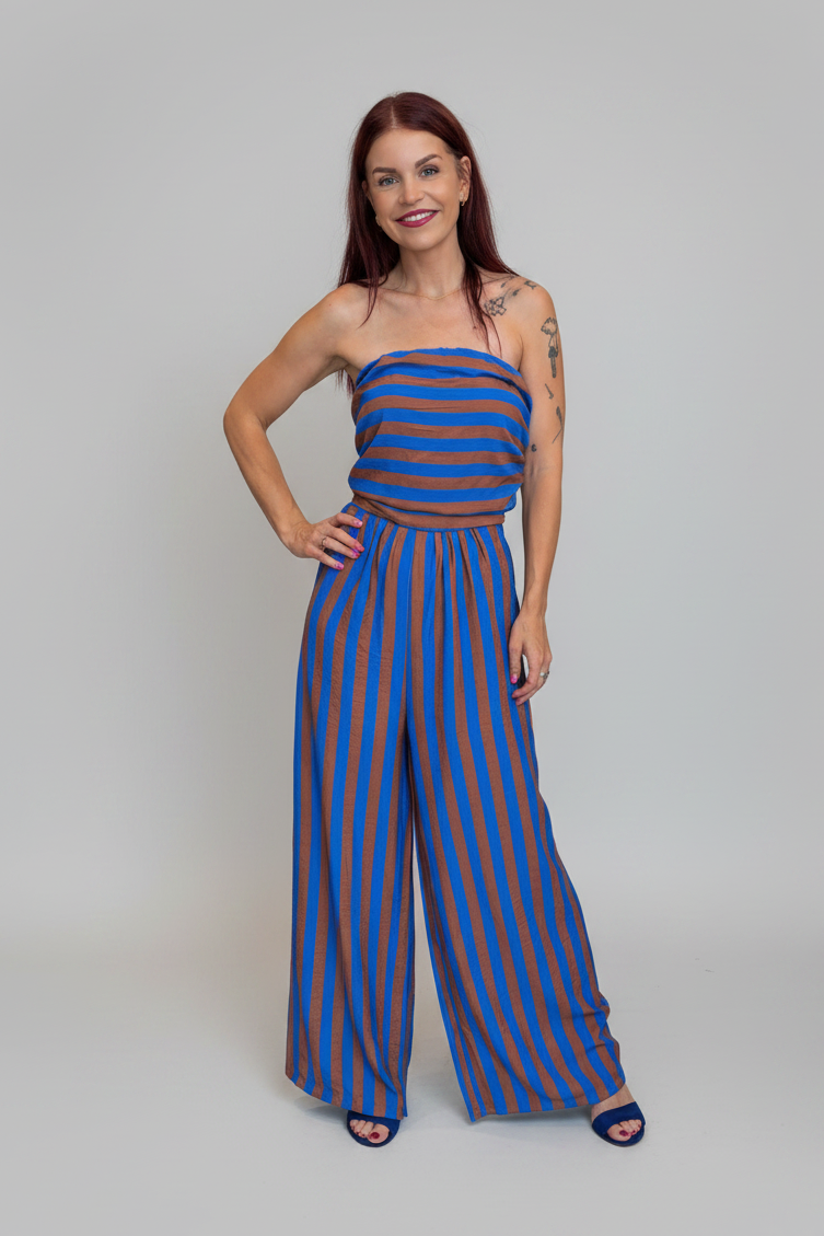 DANI STRIPED JUMPSUIT - BLUE/BROWN